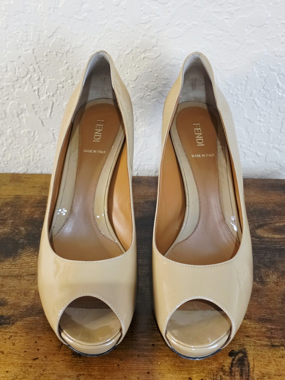 Fendi Women's Patent Leather Peep-Toe Pumps in Beige